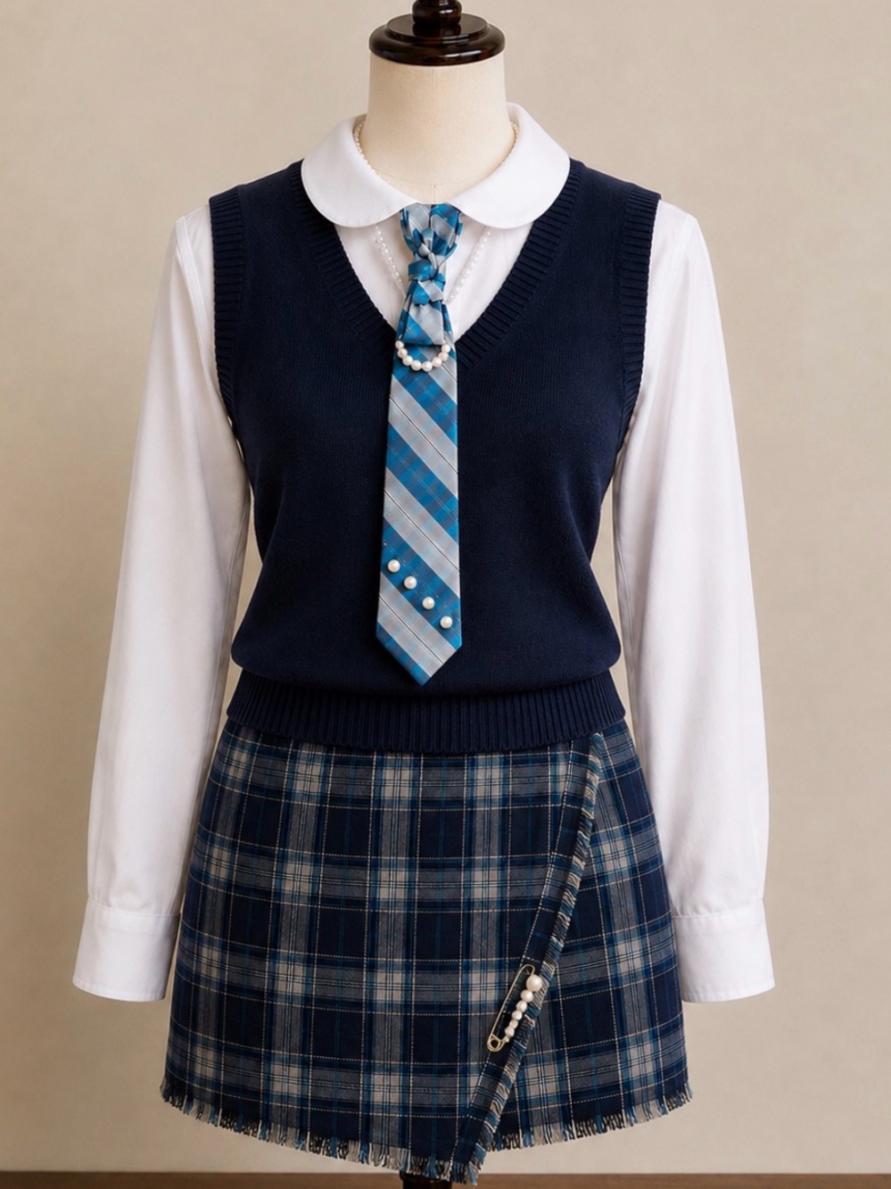 Lovely Blue Plaid Upcycled Necktie Necklace Faux Pearl Accents Classic Preppy